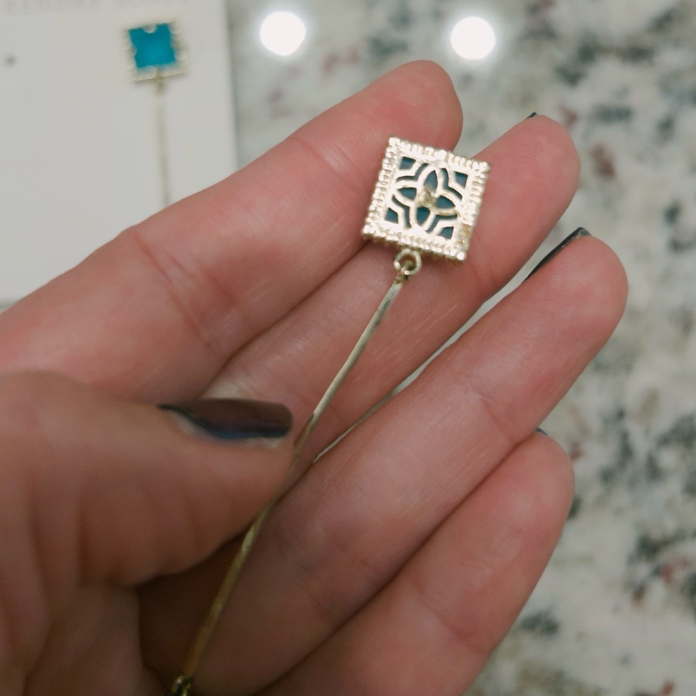 Kendra Scott Vintage Gold and turquoise blue starburst drop Earrings - Picture 6 of 8